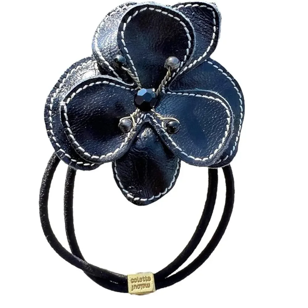 Colette Malouf Leather Cutout Flower bendable beaded hair band bow NWOT neutral